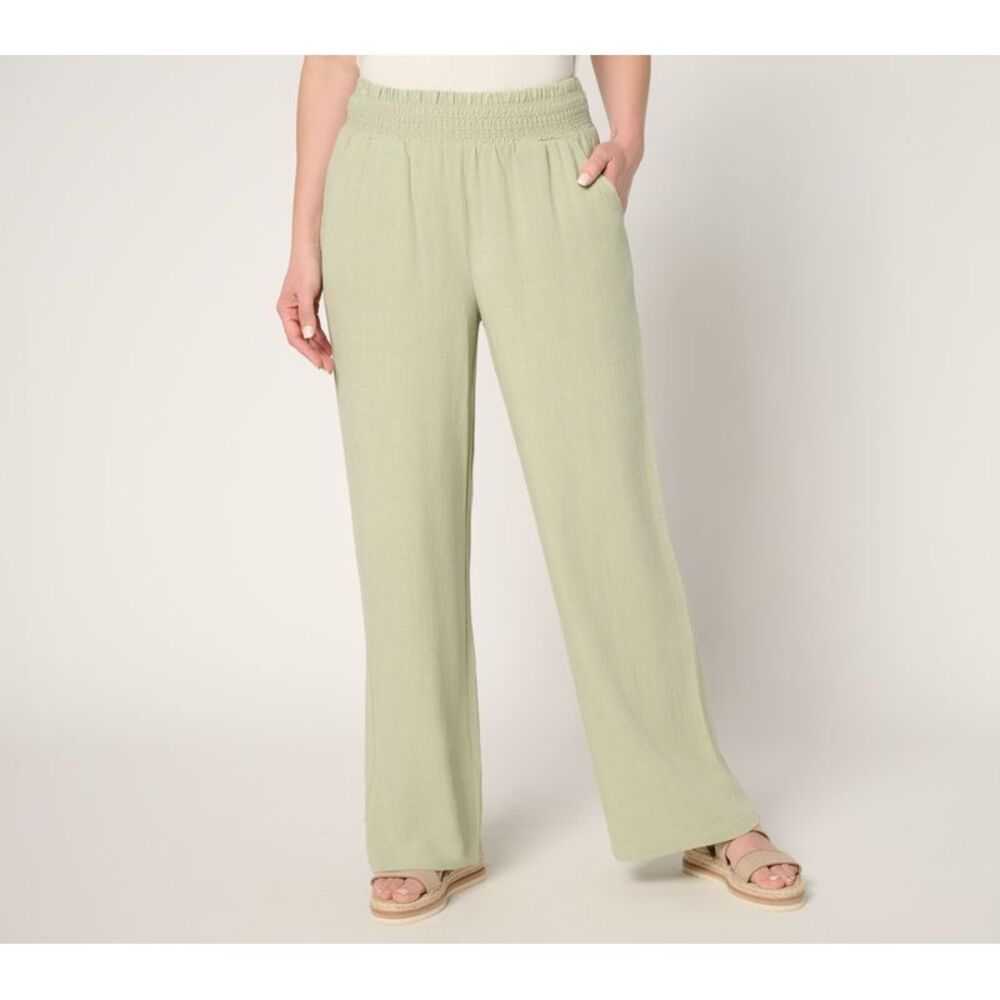 SUNNYLiFE Women's Petite Pants PXL Riviera Linen Smocked Waist Wide Green
